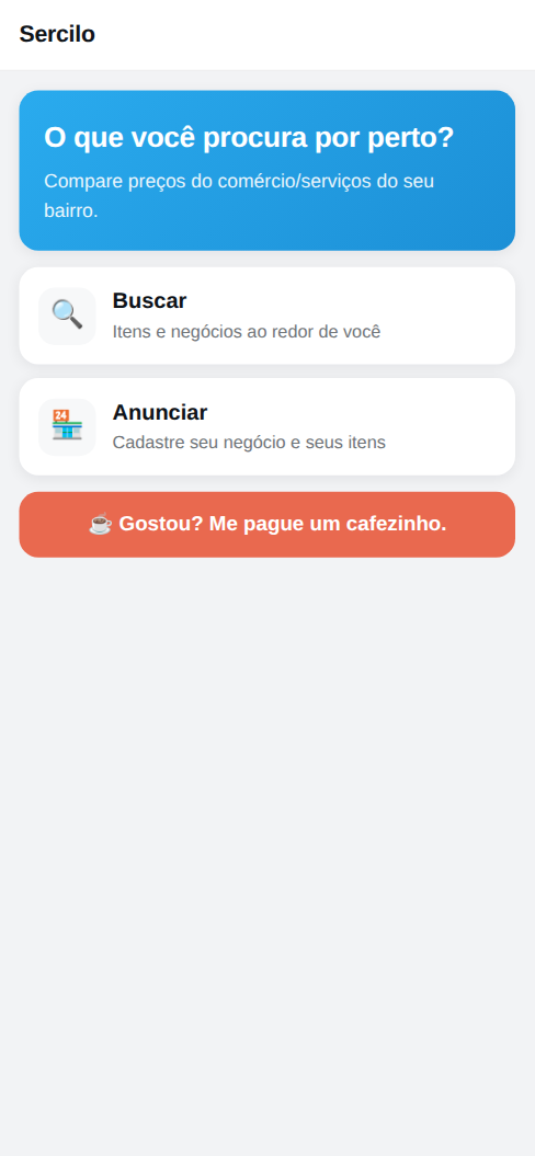 Tela inicial da MiniApp do Sercilo, com as opções Buscar e Anunciar