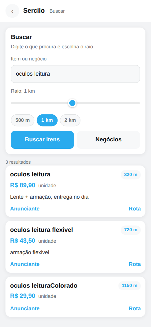 Tela de busca por óculos leitura na MiniApp do Sercilo